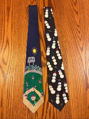 2 Save The Children Silk Neckties designed by children-Snowman & Baseball Themes